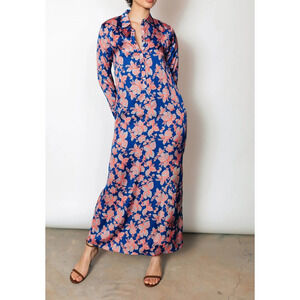 Chloe Kristyn Morgan Dress Long Sleeve Collared Belted Maxi Navy Floral NWT Sz S